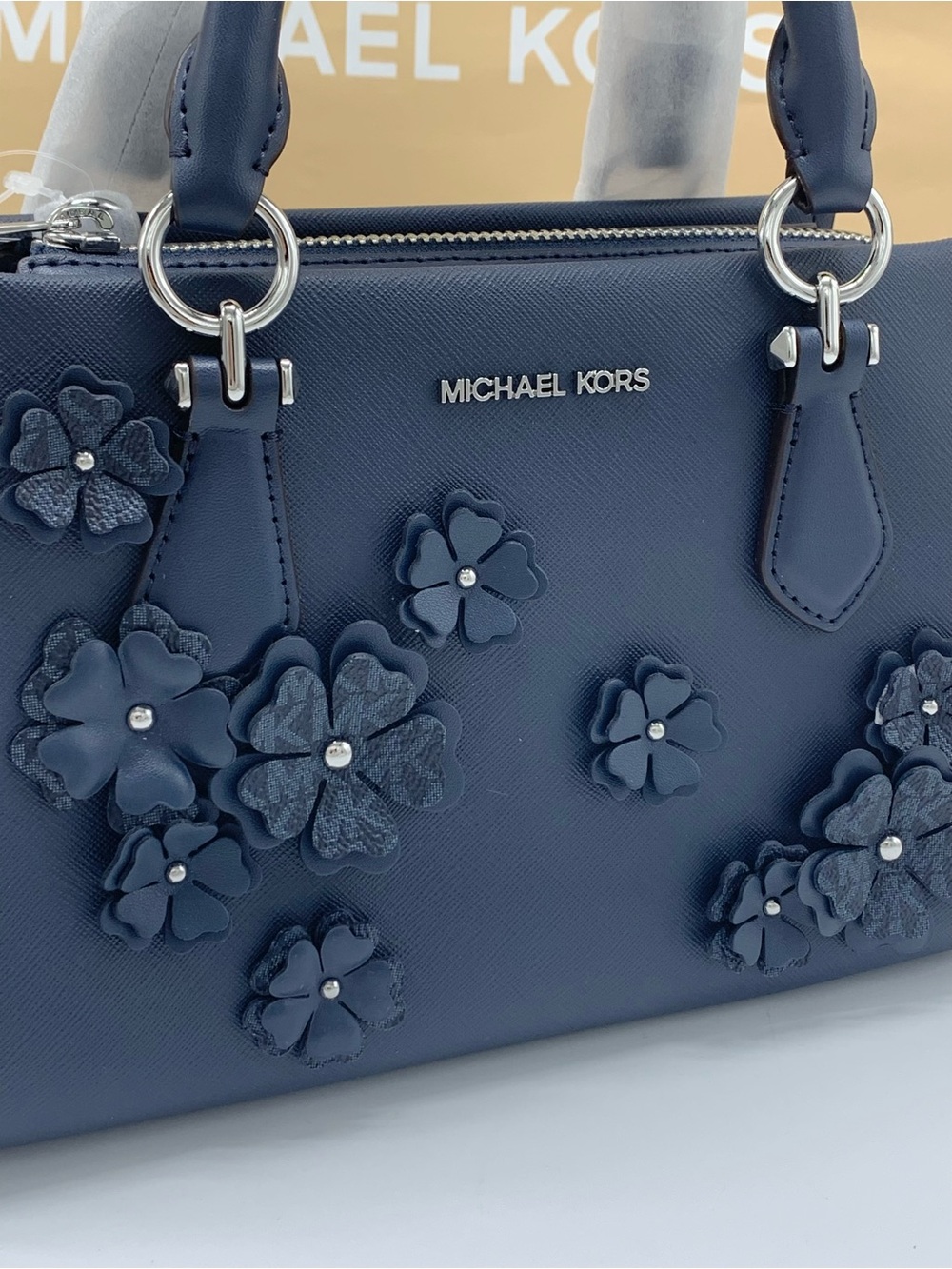 Michael Kors Marilyn Navy Floral Applique Satchel - Picture 3 of 15